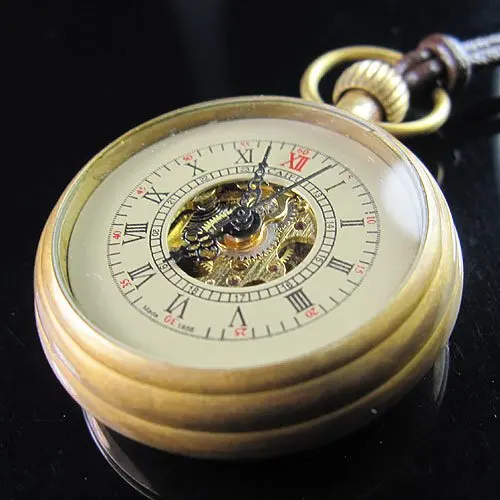 Горячие хорошие латунные антикварные маленькие Механические карманные часы+ кожаная цепочка