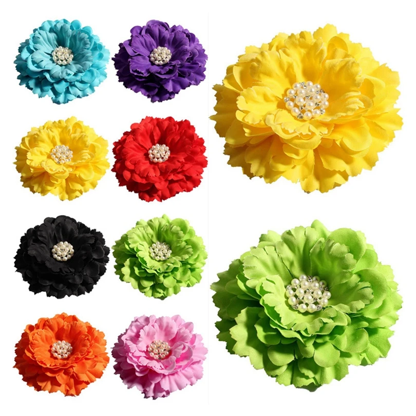 5pcs/lot 11cm 20colors Hair Clip Peony Flowers+ Rhinestone Pearl Buttons For Kids Hair Accessories Fabric Flowers For Headband