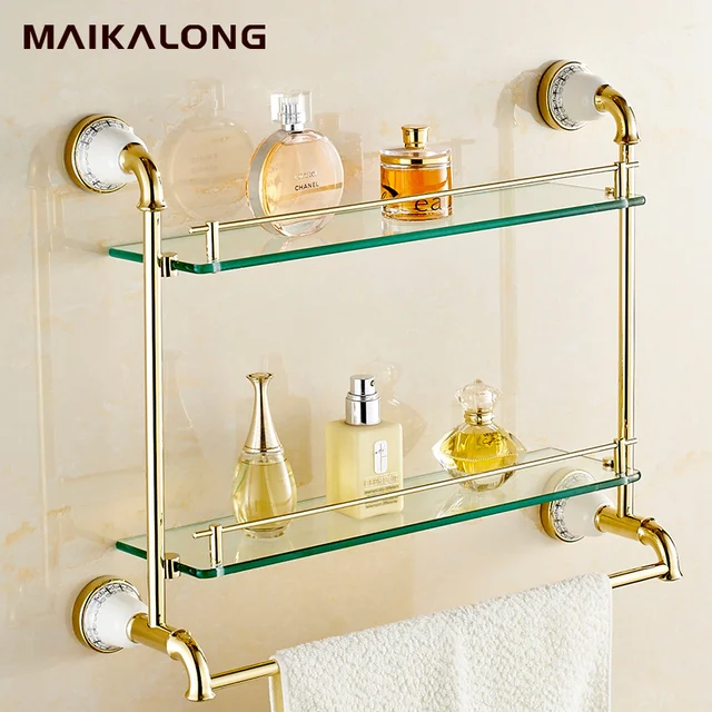 Gold Bathroom Accessories Golden Finish With Tempered Gl Double Gold Bathroom Accessories Golden Finish With Tempered Gl Double Shelf