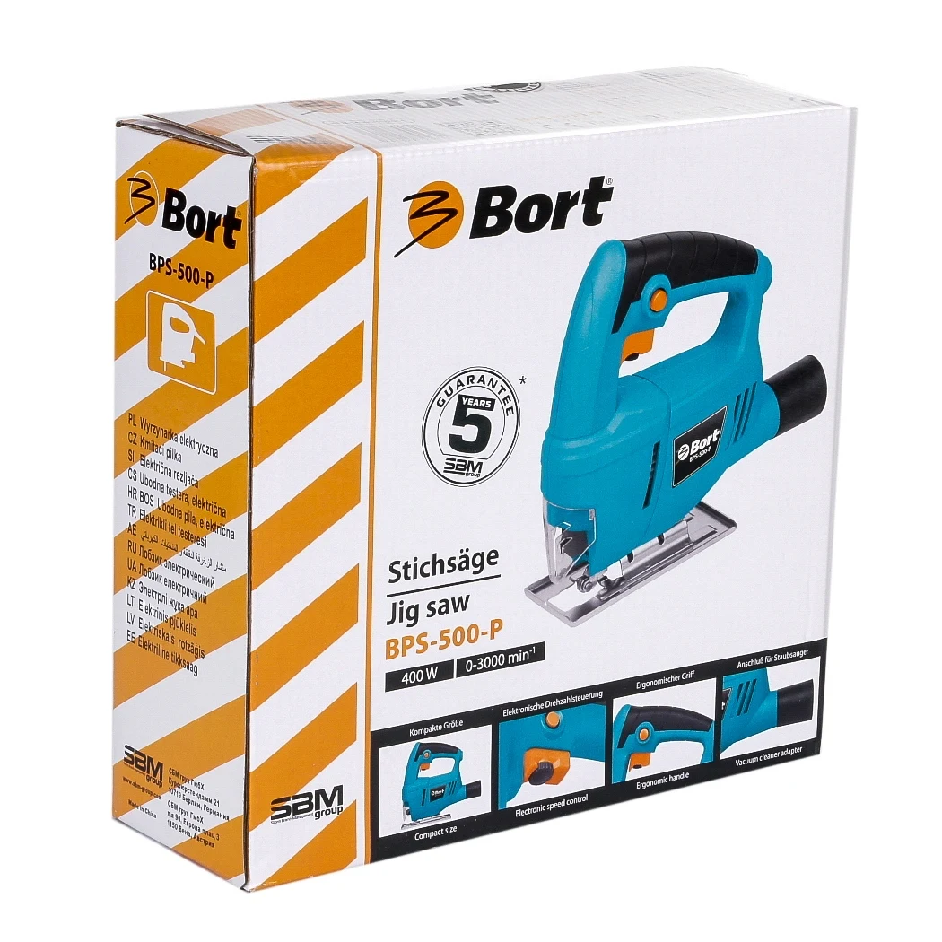 Лобзик электрический Bort BPS-500-P (Мощность 400 Вт, максимальная глубина пропила дерева 55 мм, регулировка угла пропила)