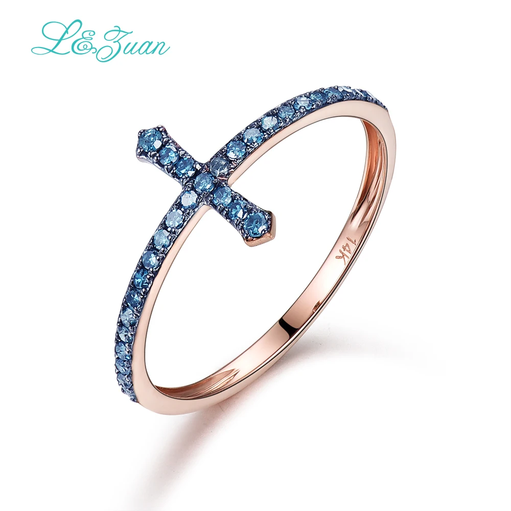 

Brand925Sterling Silver Delicate14K Rose Gold Natural Blue Diamond Cross Prong Setting Trendy Simple Ring Jewelry For Women Gift