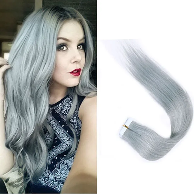 Full Shine Silver Hair Extensions Tape in Hair Extensions Gray 25g Per