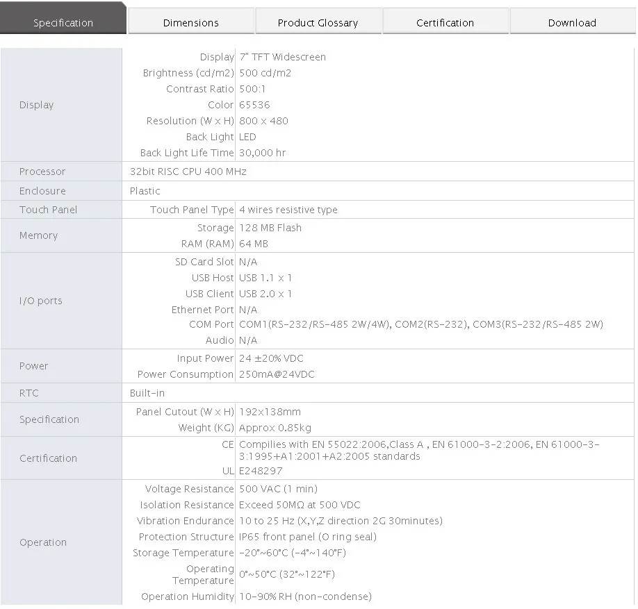 MT6070iH 7 дюймов HMI(интерфейс человек-машина) EasyView 800x480 32 бит RISC Процессор 400 МГц