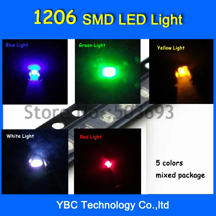5valuesx100pcs = 500 шт 1206 светодиодный SMD ультра яркий красный/зеленый/синий/белый/желтый светодиод
