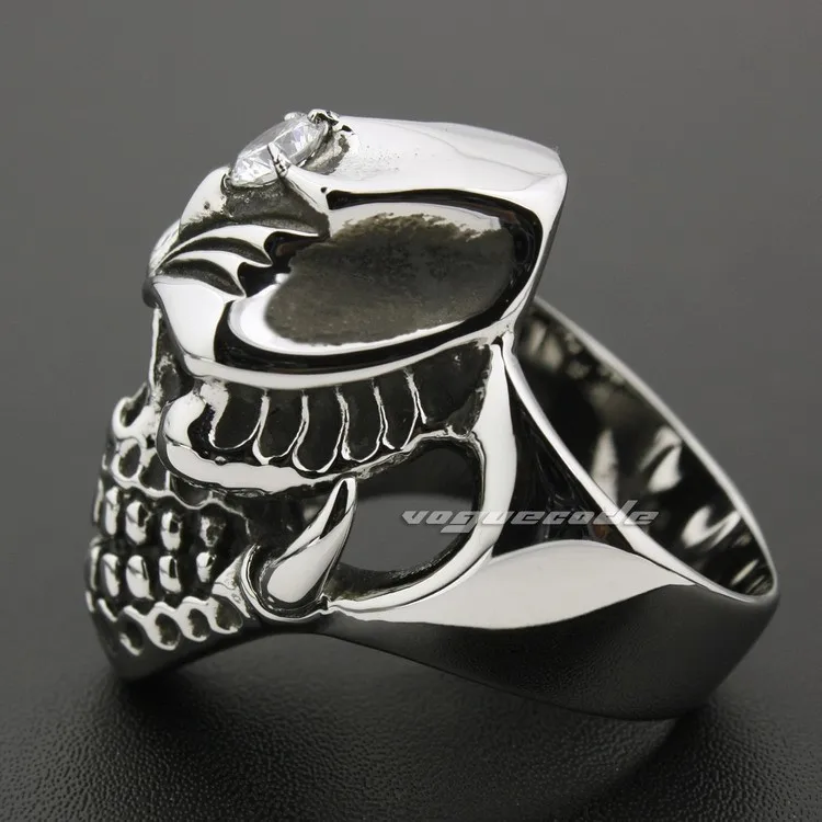 Огромный 316L Нержавеющая сталь коготь skull ring белый камень CZ Мужская Байкер в стиле панк 7e001