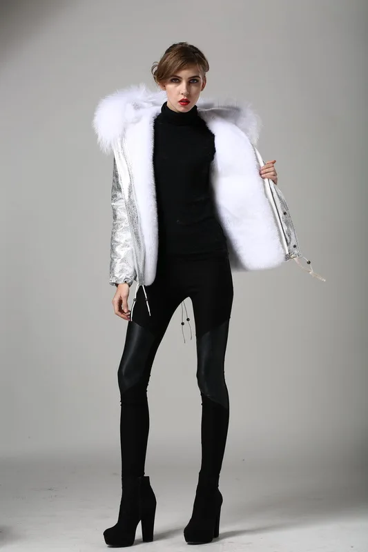 Women Fur Hooded Parka Padded Eal Fur Parka Silver Foil White Faux Fur Lined Parka with Natural Mr Mrs Fur Coat Parka