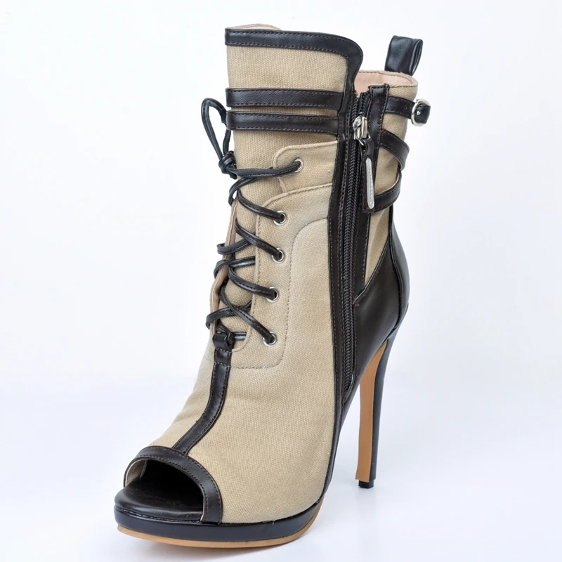 

Khaki Canvas Peep Toe Spring Women Boots Lace-Up High Heels Platform Boots Women Eu Size 34-45 Heeled Shoes Patchwork Shoes