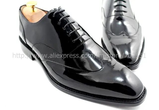 adhesive craft custom handmade genuine calf leather men's oxford shoe color black patent leather No.OX184
