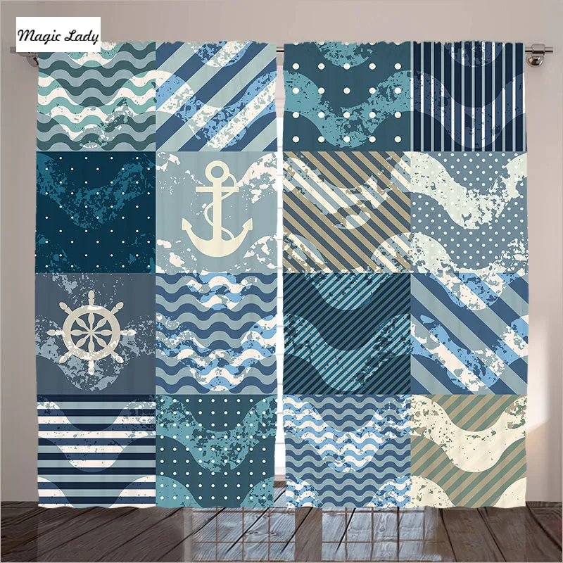 Curtains Hotel Living Room Bedroom Marine Wave Patterns Boxes Squares Navy Striped Anchor Blue BeigeMagic Lady | Дом и сад