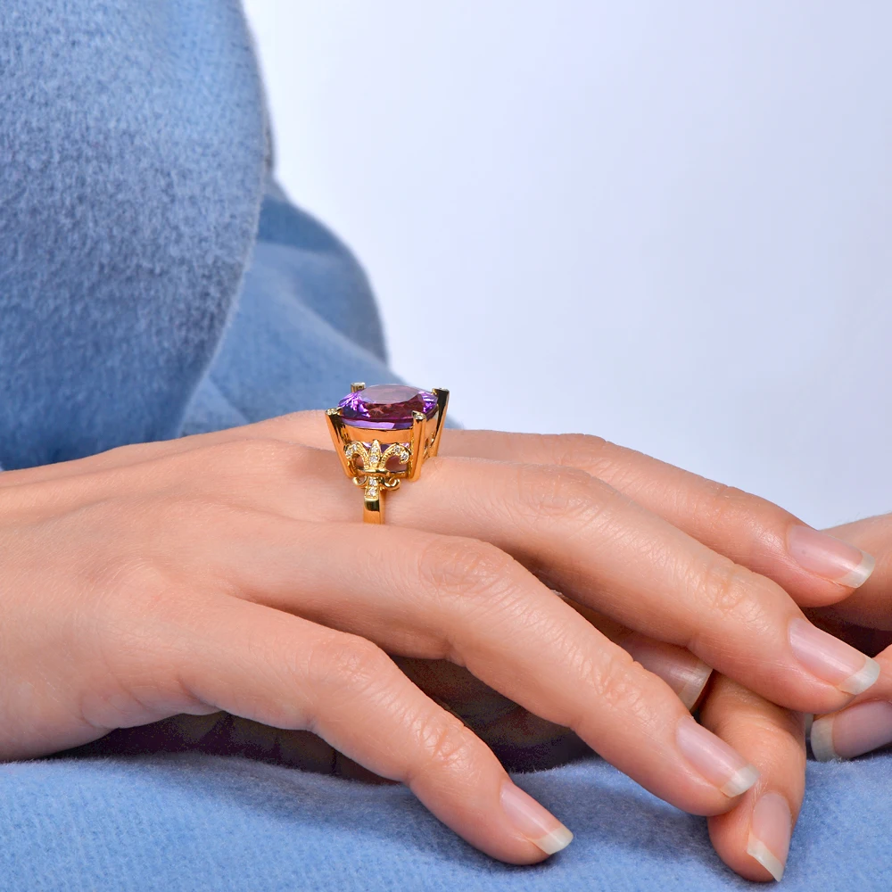 14KT/585 Желтое золото 8.72ct натуральный аметист 0.10ct Бриллиант круглой огранки обручальное Драгоценное кольцо ювелирные изделия