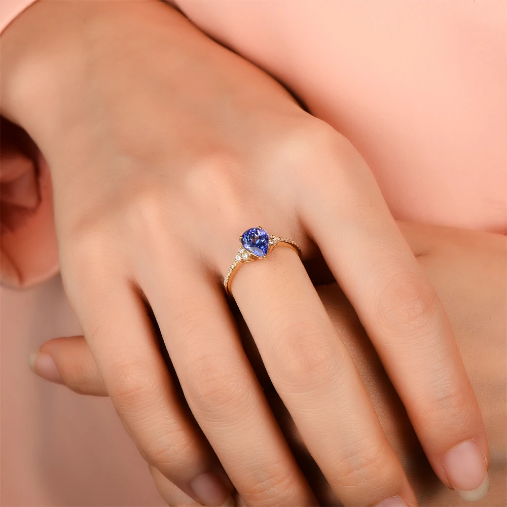 14KT/585 Желтое золото 0.89ct натуральный Танзанит 0.19ct натуральный бриллиант круглой огранки обручальное Драгоценное кольцо ювелирные изделия