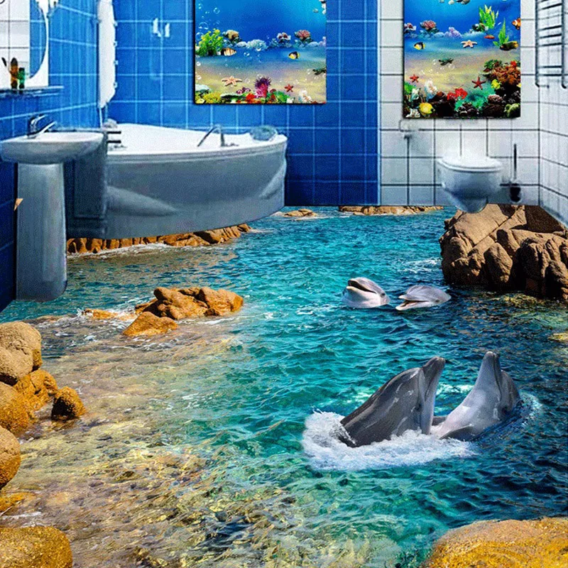 Пользовательские HD Дельфин Seaview 3D наклейки для пола отель ванная комната 3D самоклеющиеся ПВХ Нескользящая одежда водонепроницаемый пол Настенные обои