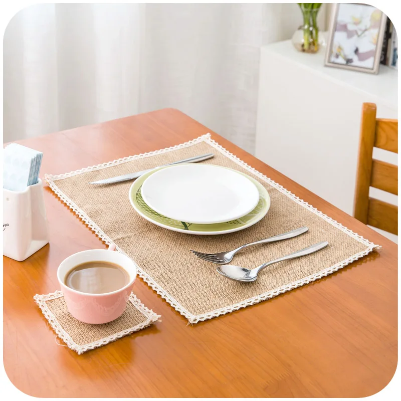 1set Cup Mat Placemats Japan Style Linen Lace Dining Table Mats Pads