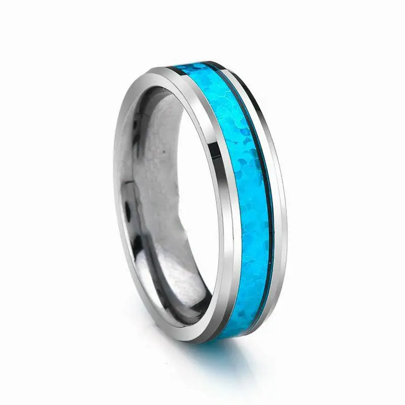 8Mm Polished Beveled Edge  Real Blue Opal Stone Inlay Unisex Tungsten Carbide Ring Wedding Band