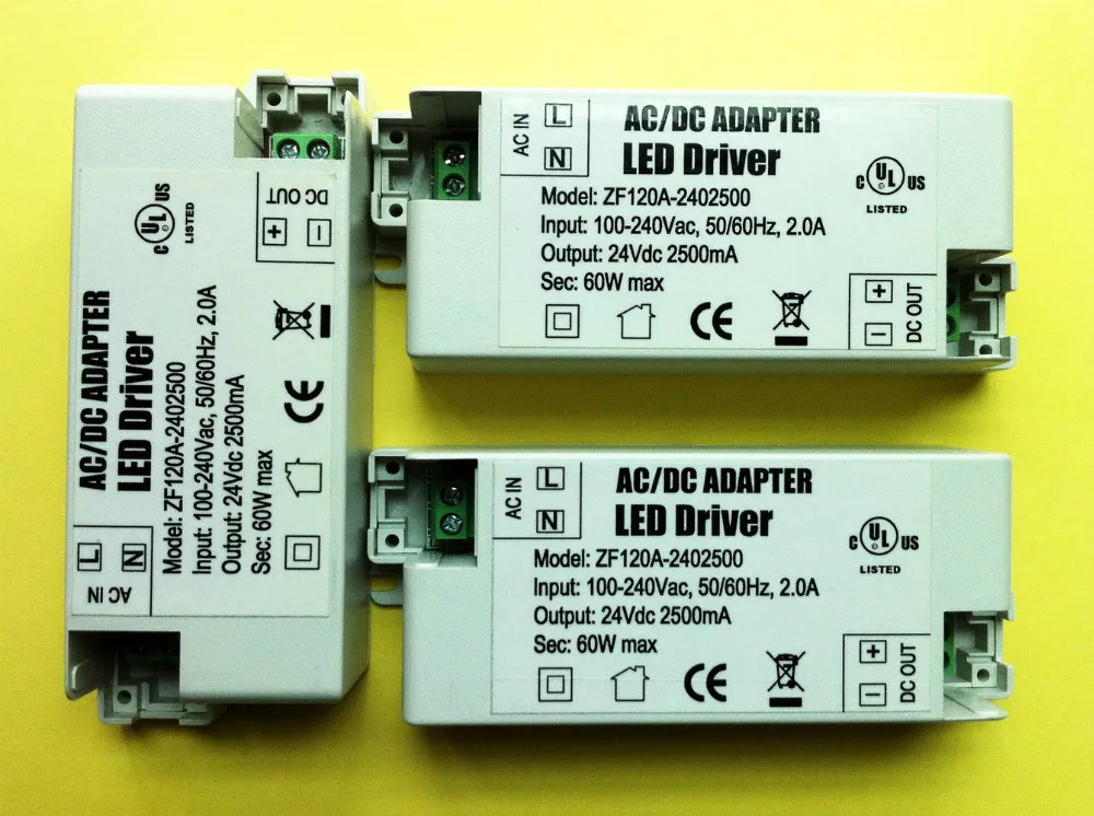 100 шт./лот 24 V 2.5A 60 W Водонепроницаемый Светодиодный драйвер для внутреннего светодиодный полоски для 3528/5050 светодиодный полоски