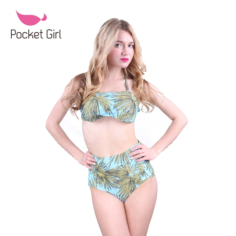 2016 swimsuit high waist leaves Push Up strapless Bikini Set Swimwear Bandage Bathing Suit Brazilian Vintage