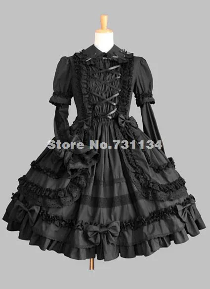 Недорогое и горячее предложение чисто черное платье с длинными рукавами Готическая Лолита