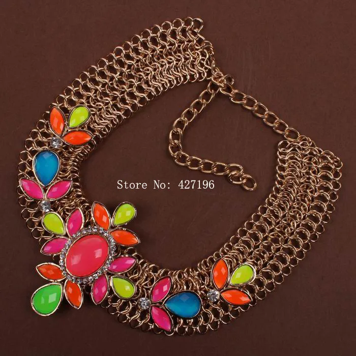 Statement Necklace Fluorescence Colorful Resin Flower Crystals Gold Color Chain Collar Necklace