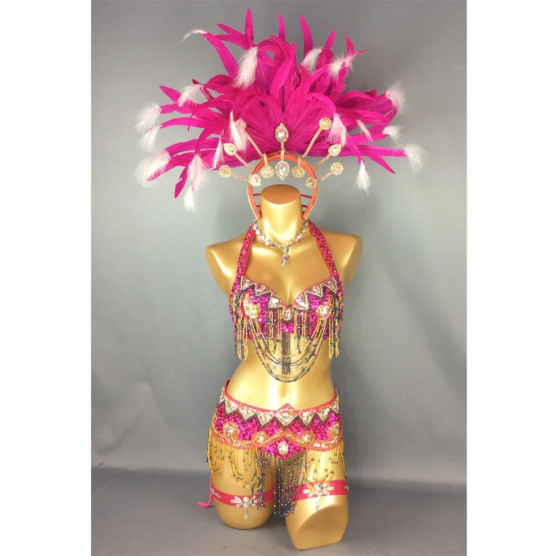 

free shipping hot selling Sexy Samba Rio Carnival Costume new belly dance costume with hot pink Feather Head piece