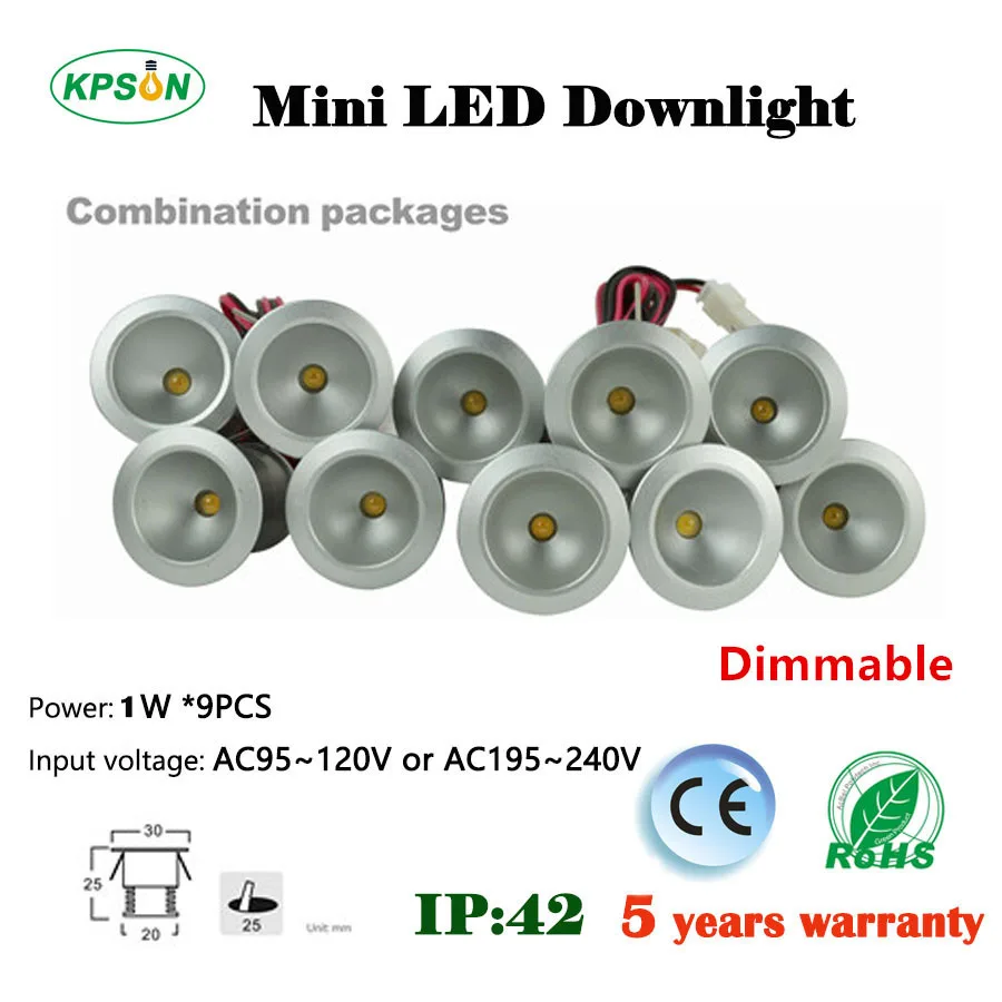 

9pcs/set Free Shipping Wholesale 1W Mini LED ceiling down light 25mm input 85-277V Dimming Spot lights Living kicthen 60/120D