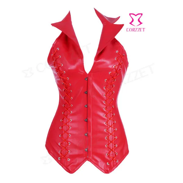 Костюм из искусственной кожи Collared готический корсет, стимпанк плюс размер Бюстье сталь Boned длинная линия корсет для коррекции линии талии и бюстье