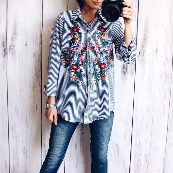Simplee Embroidery female blouse shirt Casual blue striped shirt 2016 autumn winter cool long sleeve blouse women tops blusas