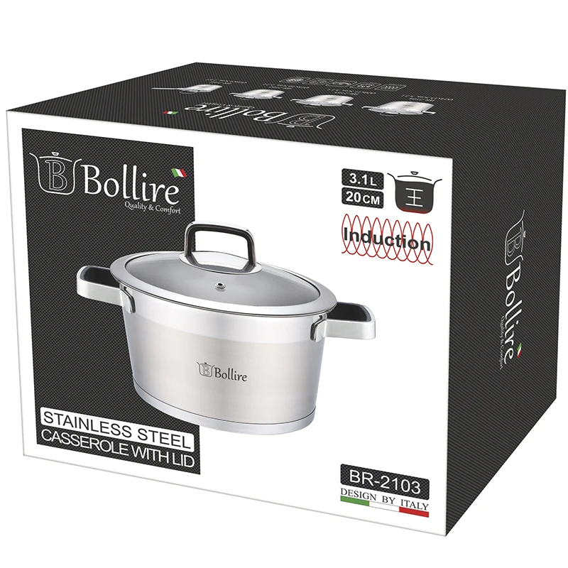 BR-2103 Кастрюля Bollire 3.1 л, Подходит для всех видов плит, включая индукционные, Крышка из термостойкого стекла с отверстием для выпуска пара. Ободок крышки из нержавеющей стали против сколов и трещин