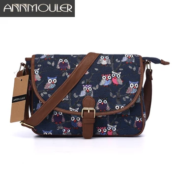 

Annmouler Brand Women Small Bags Canvas Shoulder Messenger Bags Patchwork Zipper Bag Owl Printing Adjustable Strap Crossbody Bag