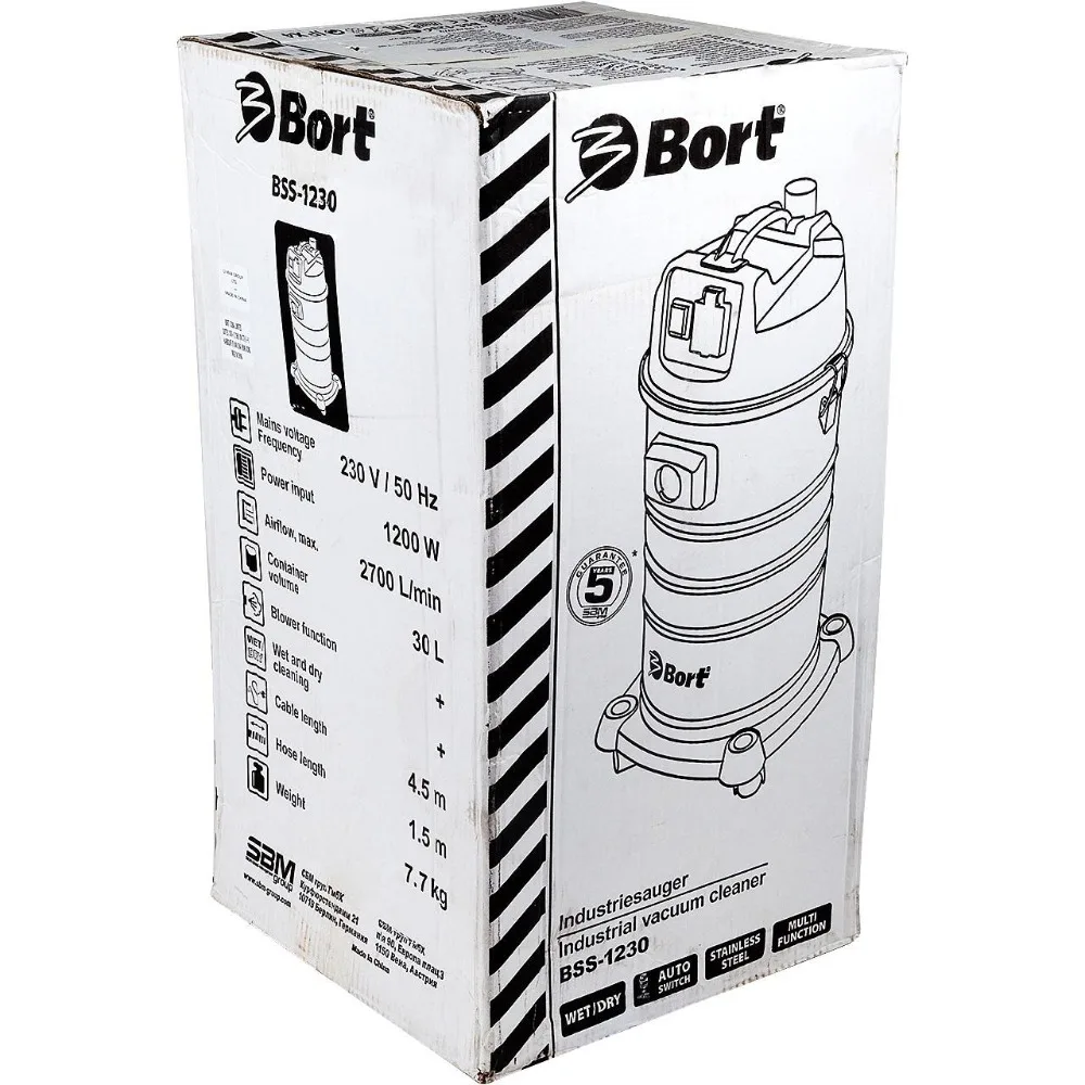 Пылесос универсальный Bort BSS-1230(надежный высокоэффективный, двигатель с низким уровнем шума, большая сила всасывания, встроенный контейнер для насадок