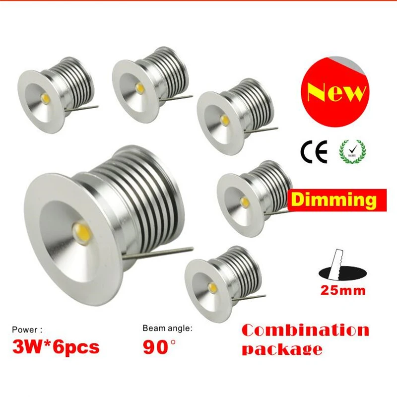 Mini Led Ceiling Lamp3W Warm White 2700K Led embed Light CE driver dimmable 25mm Lamp waterproof IP65 6pcs/set free shipping