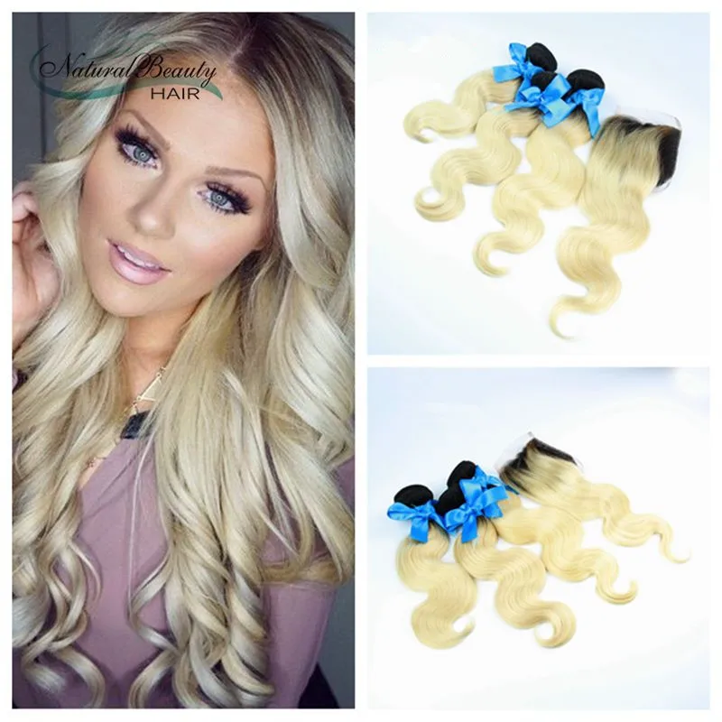 

Best quality brazilian blond hair with closure 3 bundles with 4*4 lace closure dark roots omber human hair with lace closure