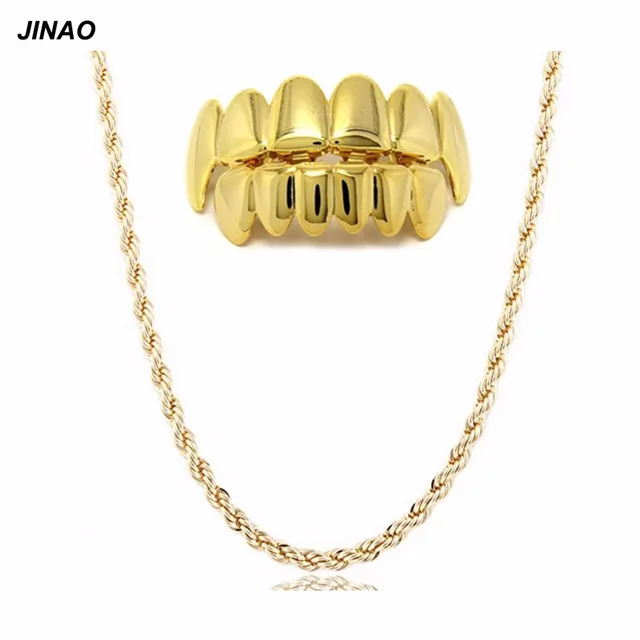 US $7.99 JINAO New Custom Fit Gold ColorPlated Hip Hop Teeth Grills Caps Top&Bottom Grill Set with 6mm Golde