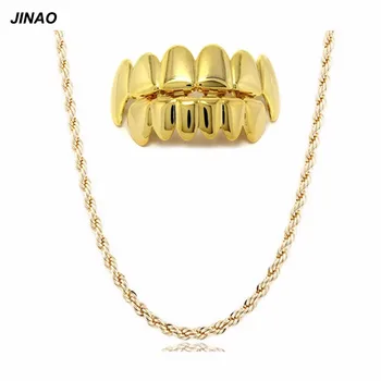 

JINAO New Fit Gold ColorPlated Hip Hop Teeth Grills Caps Top&Bottom Grill Set with 6mm Golden Rapper's Chain Necklace 24"