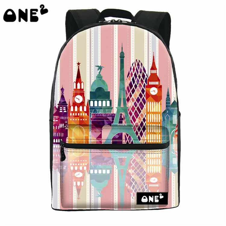 2016 ONE2 Design color of building pattern nylon printing school bag cute backpack with laptop compartment