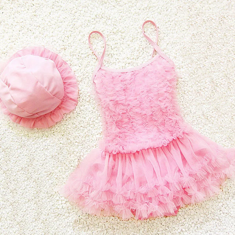 Hot Sale  Cute Baby Girls Swimwear Pink Princess Beach Bathing Suit Yarn One Piece Swimsuit+Cap