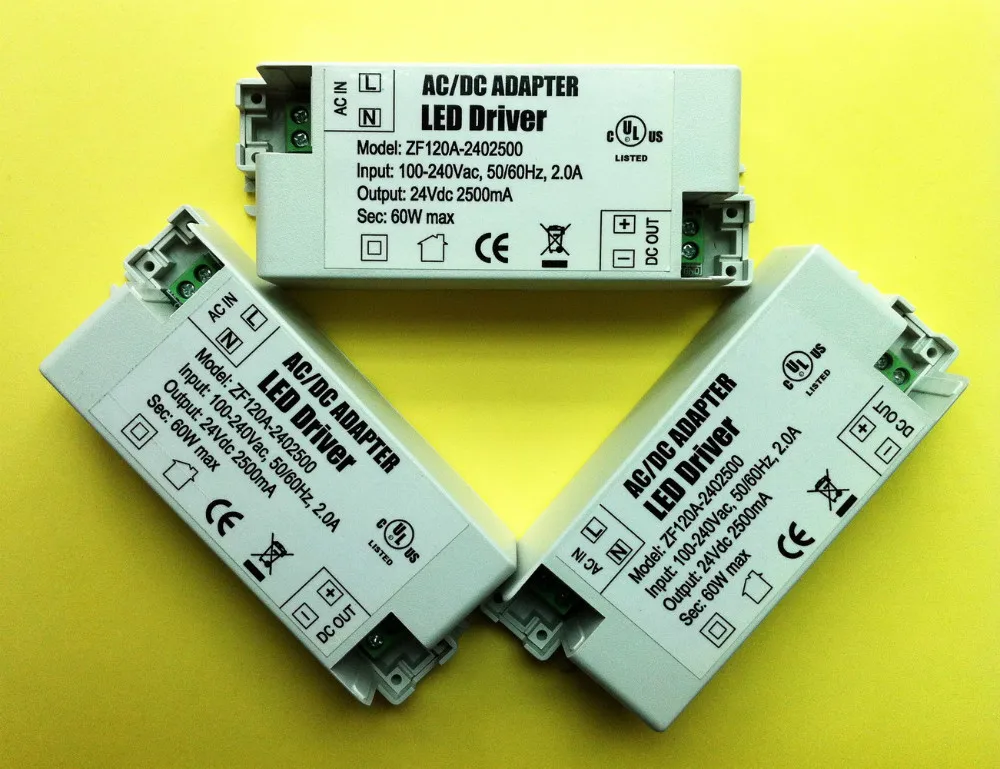 100 шт./лот 24 V 2.5A 60 W Водонепроницаемый Светодиодный драйвер для внутреннего светодиодный полоски для 3528/5050 светодиодный полоски