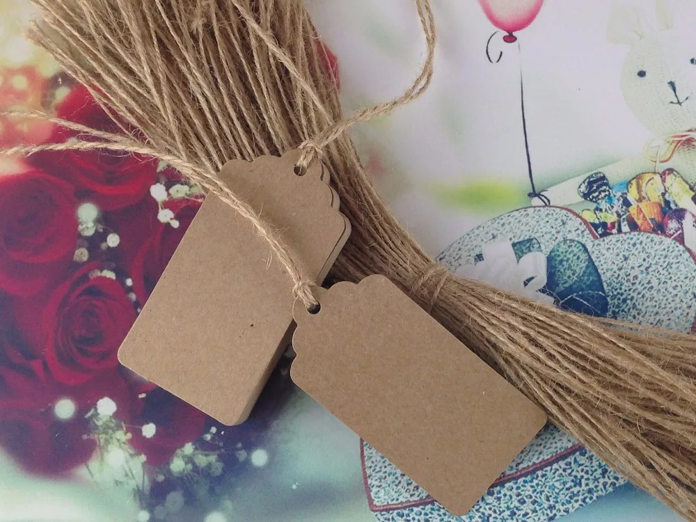400PCS/Lot 8*4cm Kraft Paper Tags+400PCS Hemp Strings Lace Scallop Blank Hang Tags Head Card Price Label Tag Accept Custom Logo