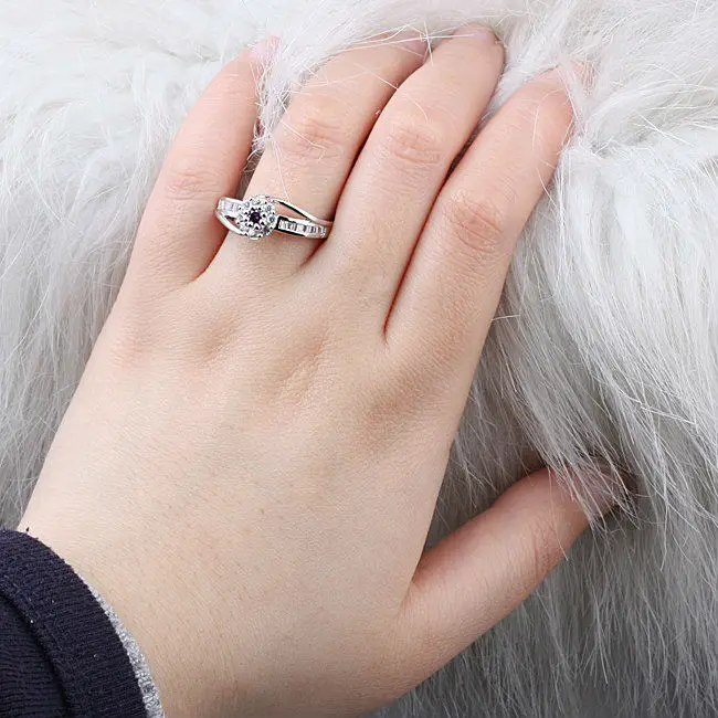 Дамы цветок Стиль чисто палец 925 Серебряное кольцо с 3.5 мм фиолетовый CZ Ювелирные изделия из кристаллов R160 Размеры 6 до 9