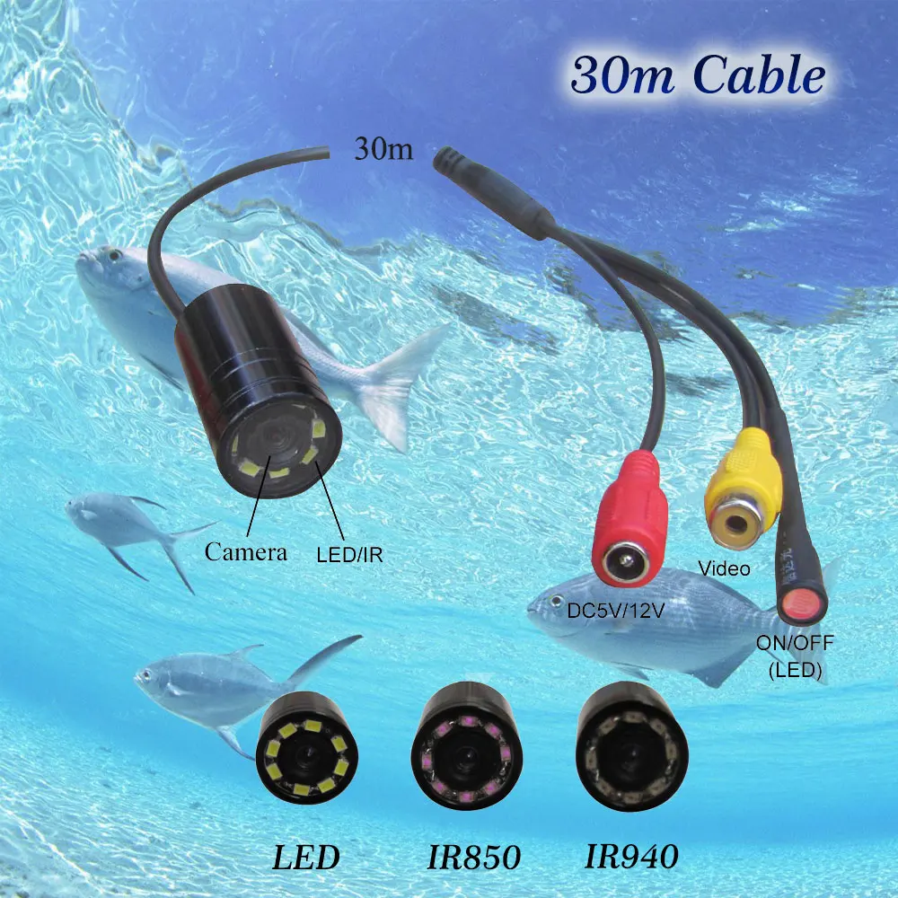 

Free shipping 30m 4-24V 90 deg mini underwater fish finder waterproof video security camera with 8 LED/IR lamps