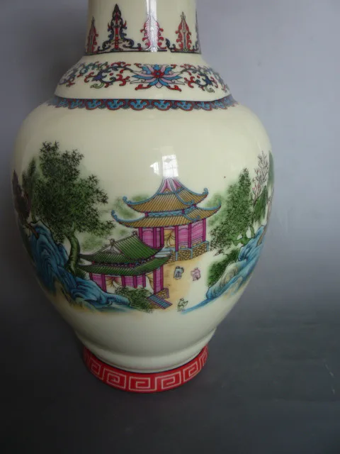 Редкая коллекция Цяньлун (1711-1799) Famille Роуз фарфор Пейзаж павильон ваза, лучшая коллекция и украшения, бесплатная доставка