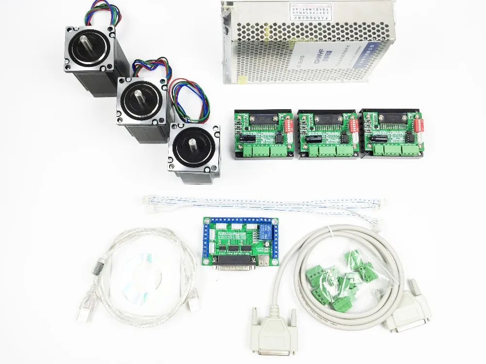 CNC Router Kit 3 Axis, 3pcs TB6560 1 axis stepper motor driver+one breakout board+3pcs Nema23 312 Oz-in motor+one power supply