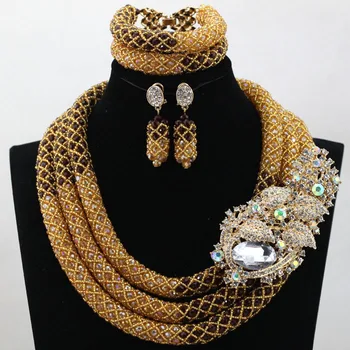 

Elegant Women Gold Crystal Beaded Jewelry Set Brown Traditional Wedding African Beads Jewelry SetFree Shipping WD029