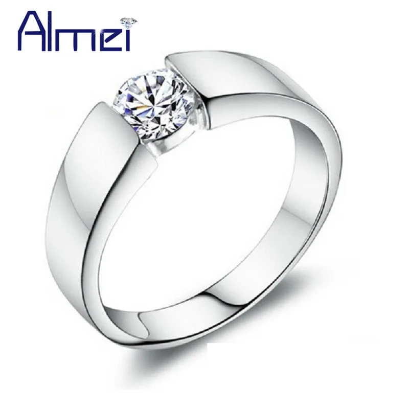 

Almei Fashion CZ Zircon Rings Men Male Ring for Wedding Engagement Gift Silver Korean Jewelry Anel de Prata Com Cristal J002