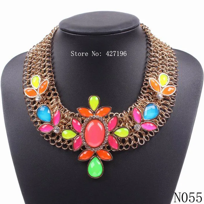 Statement Necklace Fluorescence Colorful Resin Flower Crystals Gold Color Chain Collar Necklace