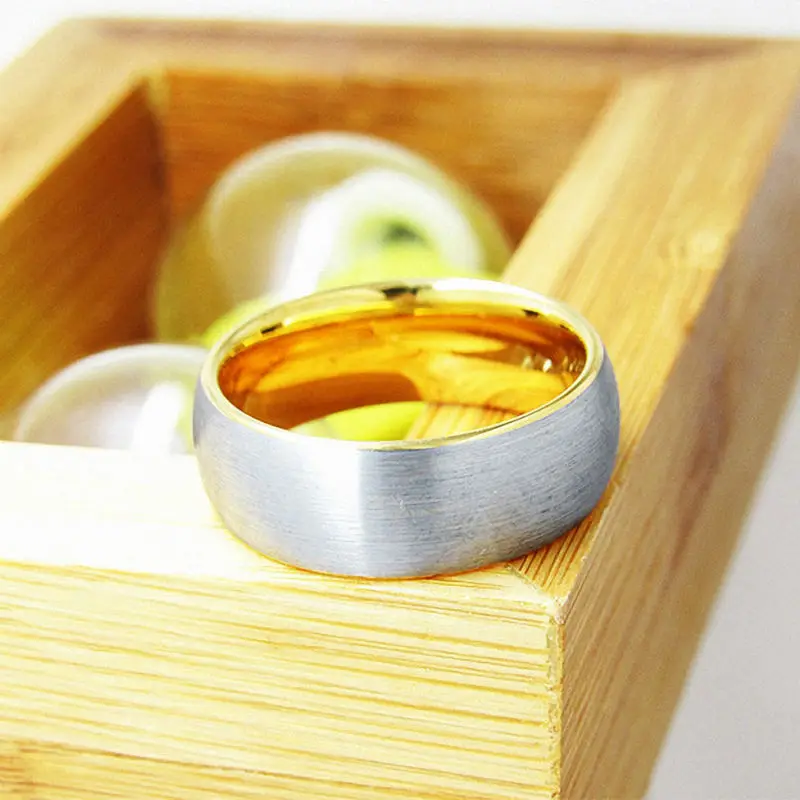 QWTURA-8225 7mm 18K Yellow Gold Plated Domed Tungsten Carbide Wedding Band Ring Brushed Polish Finished Comfort Fit