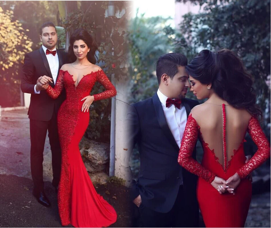 Evening Dress Sexy See Through Back 2016 New Middle East style Red Mermaid Appliques Chiffon Customize vestido de festa longo | Свадьбы и