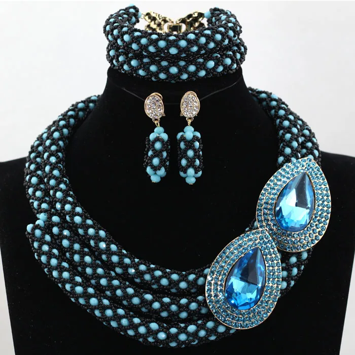 Awesome Nigerian Wedding Beads Teal Crystal Jewelry Set Black Seed Beads Queen Lady Party Jewelry Set Free shipping WA957 - Окраска металла: C
