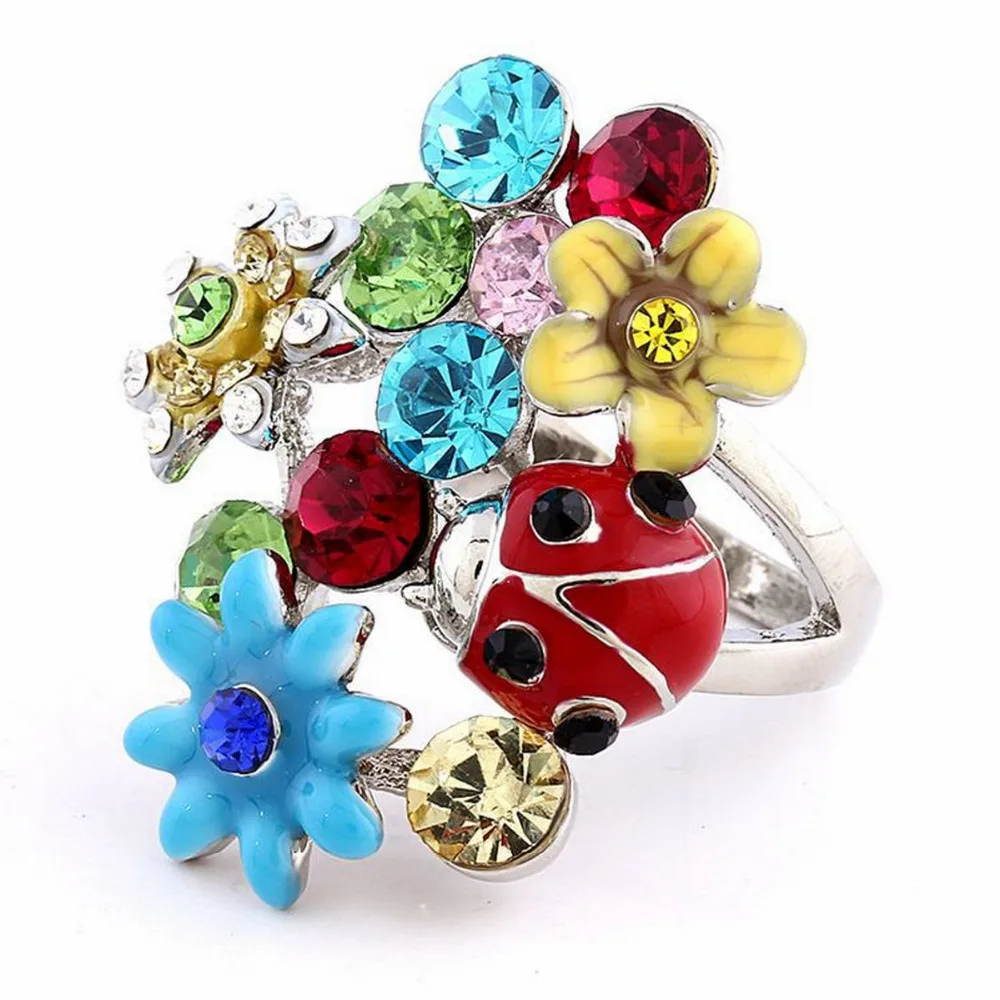 

Alloy Epoxy Ladybug Flower Fashion Statement Big Ring Rhinestone Animal Jewelry Floral Rings for Women