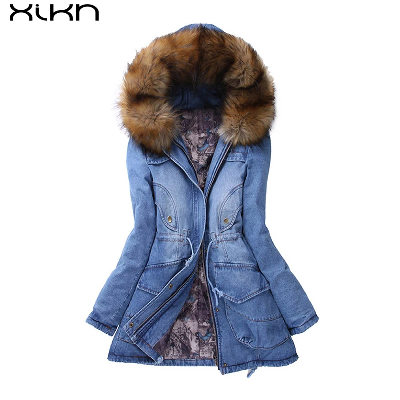 Сезон Зима 2016 меховая парка с капюшоном женские куртки джинсовые плотные