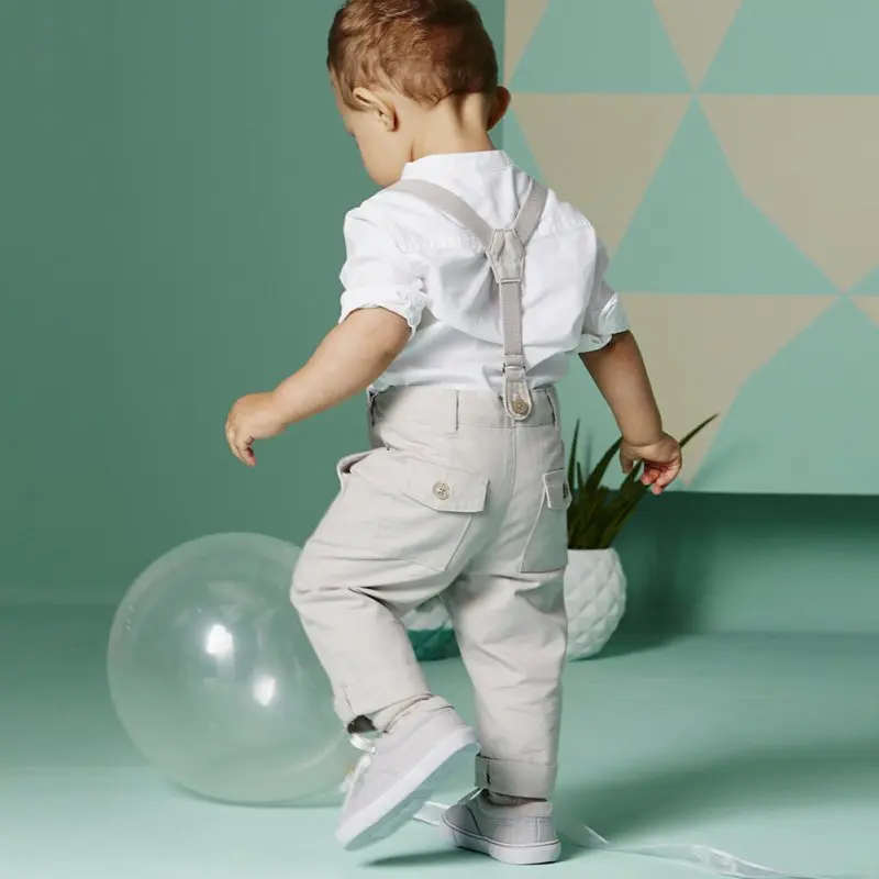 Cotton Blend Boy Baby Kid 2Pcs White T-shirt Top+Bib Pants Overall Set Outfit Cloth 2-6Y Baby Boy Clothes